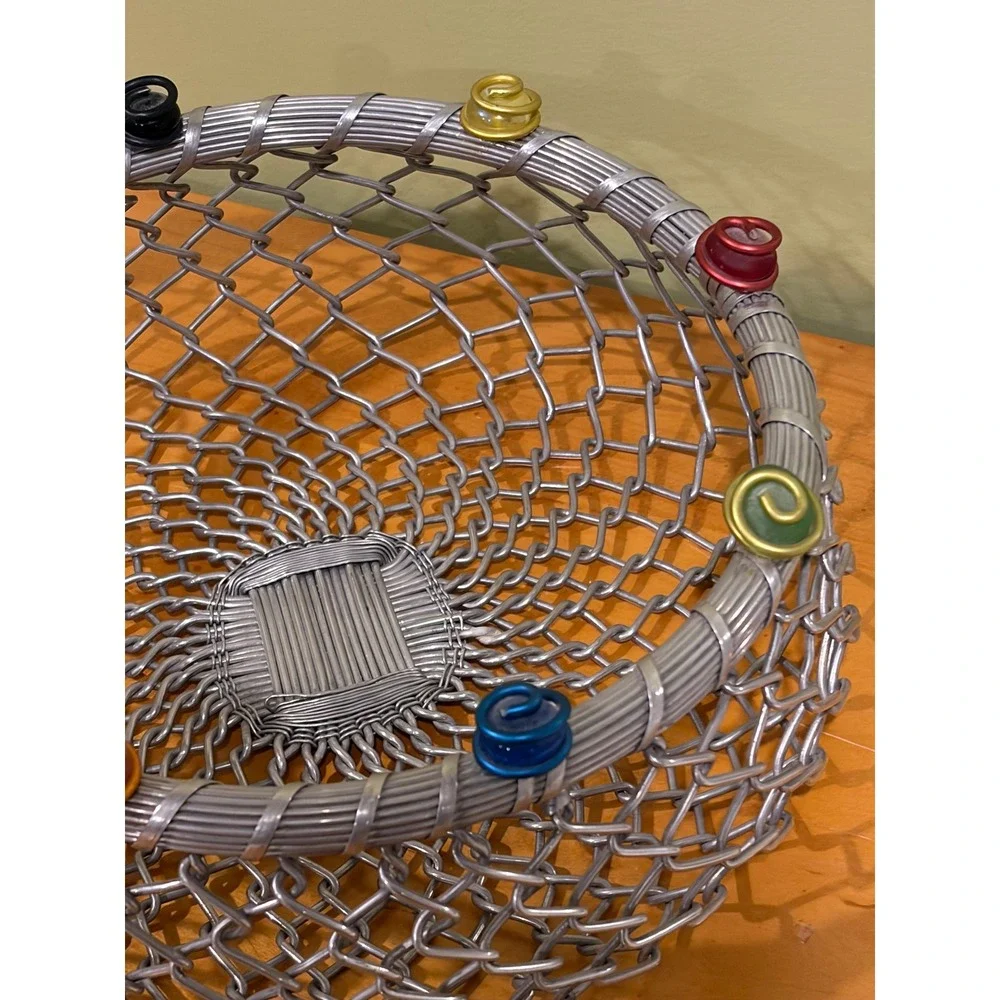 Woven Metal Wire Basket Silver Chain Link Fruit Bowl with Colorful Accents